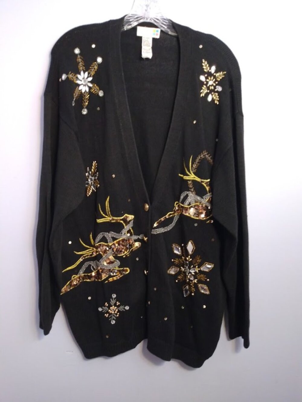 Women's L Vintage Christmas Sweater Black Gold Beaded Sequin Reindeer Cardigan
